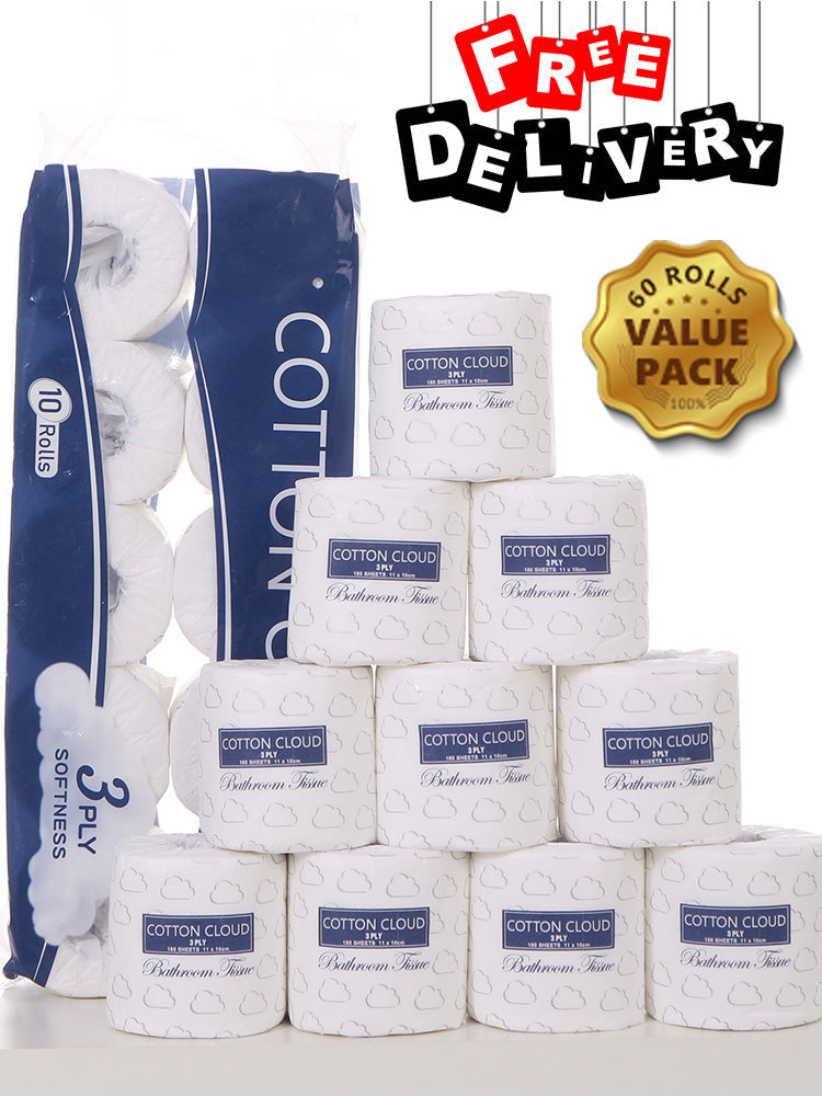 Cotton Cloud 3 Ply Toilet Paper Rolls Jumbo Pack 60 rolls - Kook Central