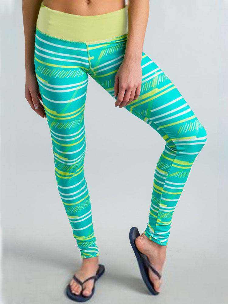 Dharma Yoga Leggings in Serenity Stripe Green and Chartreuse L - Kook Central